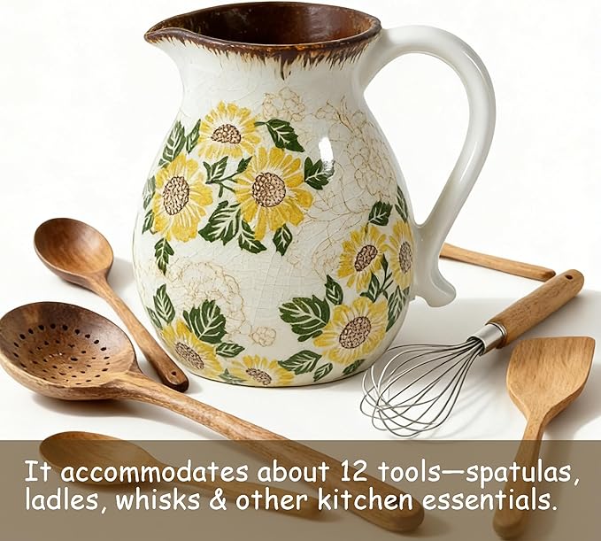 Ceramic Utensil Holder for Kitchen Counter, 6.1 Inch Modern Farmhouse Rustic Cooking Utensil Holder for Countertop Home Decor, Vintage Utensil Organizer Crock for Cooking & Spoon Tools (Sunflower)