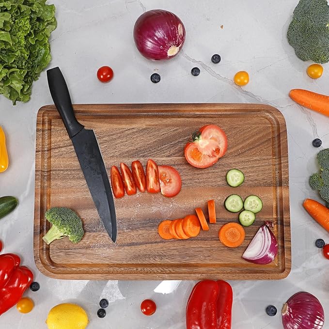 Acacia Wood Cutting Board for Kitchen - Caperci Organic Wooden Chopping Serving Board with Deep Juice Groove for Meat (Butcher Block) Veggies, Fruit and Cheese, 17 x 12"