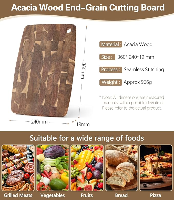 XINZUO Small Acacia Wood End-Grain Kitchen Cutting and Serving Board, for Kitchen, 14" x 9" Reversible Wooden Chopping Board for Meat, Cheese, Fruit & Vegetables,Easy to Clean(Rectangular)