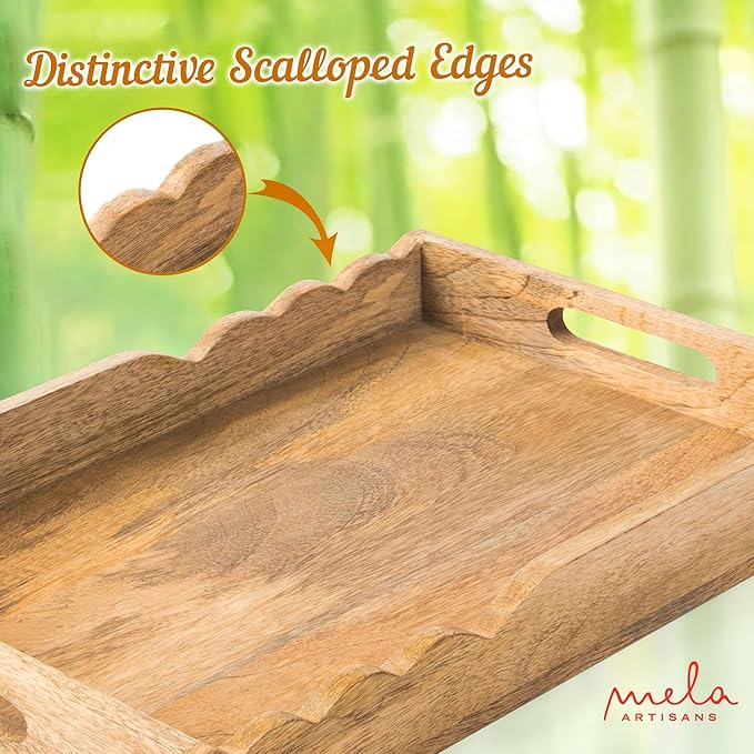 Mela Artisans Wooden Serving Tray with Handles | 15x10x1.75 inch | Mango Wood Decorative Tray| Ottoman Tray | Snacks | Desserts | Breads | Coffee Table | Bedroom | Scalloped Design
