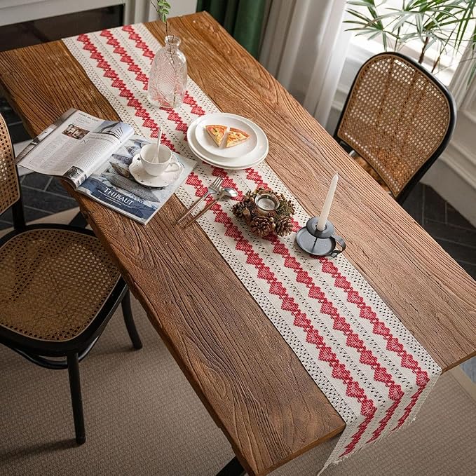 Macrame Table Runner Beige and Red Heart Table Runners with Tassels Hand Woven Cotton Table Runner Rustic Farmhouse Table Runners for Valentine's Day Bohemian Kitchen Dining Table(12x71in)
