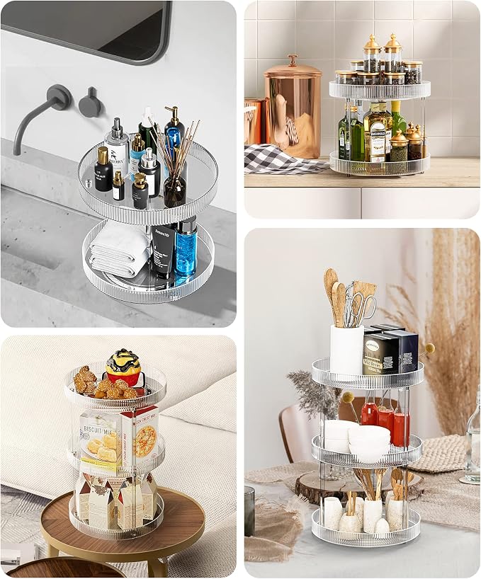 Acina 2-Tier Bathroom Countertop Organizer: 360° Clear Lazy Susan Rotating Storage Tray - Spinning Perfume Cosmetics Vanity Shelf for Bathroom Cabinet, Kitchen (Large)