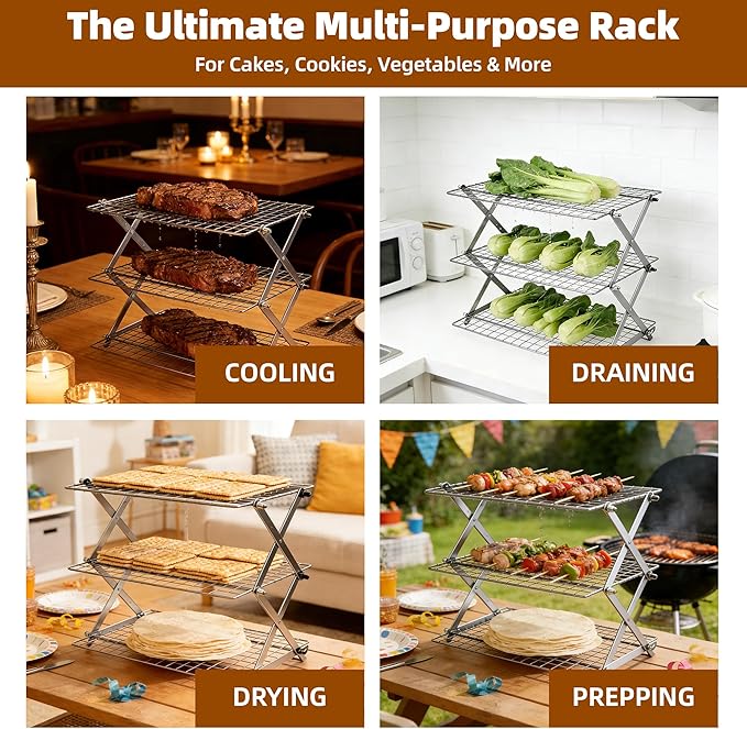 5 Tier Collapsible Cooling Rack with Adjustable 6 Setting Design stackable wire rack for baking sheet for Cookies Baking Gifts for Women