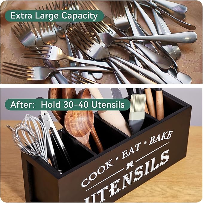 WDT Tool Utensil holder for Kitchen Counter Large Round Utensils Holder with Wooden Base Matte Black Cooking Utensil Holder，Kitchen countertop Utensil Organize (Black-4 Compartments)