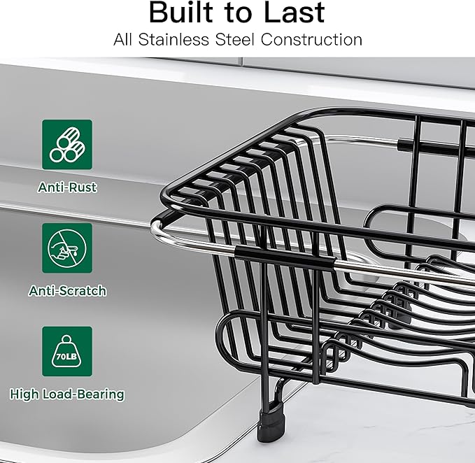 Apartment RV Small Dish Drainer Drying Rack Over The Sink In Stainless Steel for Narrow Kitchen, Counter Space Saving Compact Expandable Metal Plate Dryer Strainer, Black Adjustable Wire Drain Holder