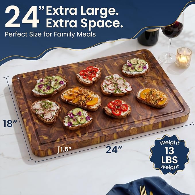 HOMESTEAD End Grain Acacia Wood Cutting Board for Kitchen 24x18x1.5 in, Large Butcher Block Chopping Board for Meat Vegetables with Juice Groove, Handles, Knife-Friendly Surface, Sorting Compartments