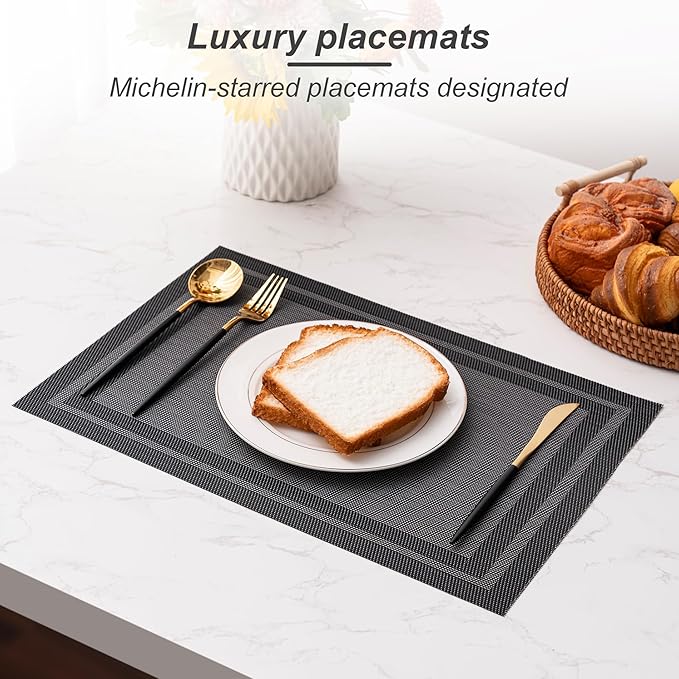 CADONO Placemats Set of 4 Washable Indoor/Outdoor Vinyl Place Mats for Dining Table Durable Non-Slip Heat Resistant PVC Weave Table Mats（Simple Style-Black）
