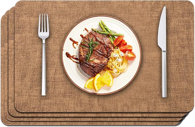 Maxpearl Faux Leather Placemats Set of 4 - Waterproof - Wipe Clean - Heat Resistant - Anti Slip Dining Table Place Mats, Suitable for Indoor & Outdoor Use, 17’’×12’’, Brown