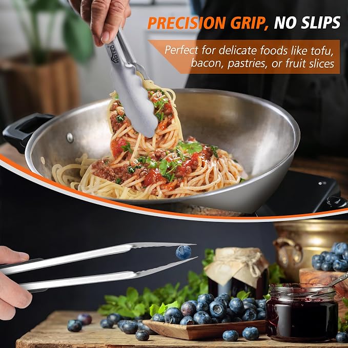 Hotec Stainless Steel Kitchen Tongs, Set of 2-12", Locking Metal Food Tongs for Cooking, Serving, BBQ, Grill Non-Slip Grip