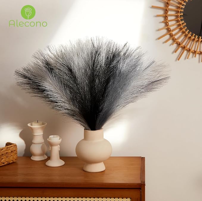 Alecono Pampas Grass 17.7in 𝟯𝟬𝙋𝙘𝙨 , Black Pampas Grass Decor for Home Decoration, Faux Pampas Grass Wall Decor for Wedding Centerpieces Party Decorations (Black, Grey)
