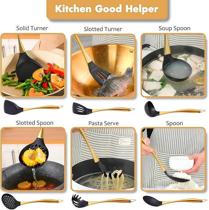 Silicone Cooking Utensils Set, 17pcs Kitchen Utensil Set with Rotatable Holder, Heat-Resistant Silicone Utensils for Cooking, Non-Stick Spatula Set with Stainless Steel Handle,Turner,Ladle (Gold)