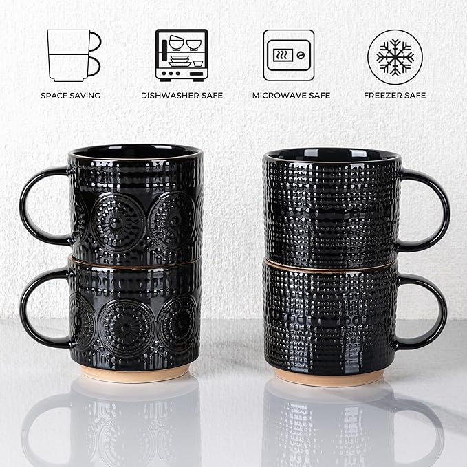 GBhome 12OZ Stackable Coffee Mugs, Ceramic Coffee Mugs with Texture Patterns for Man,Woman,Dad,Mom, Modern Coffee Mugs Set of 4 for Latte/Cappuccino/Cocoa. Dishwasher&Microwave Safe