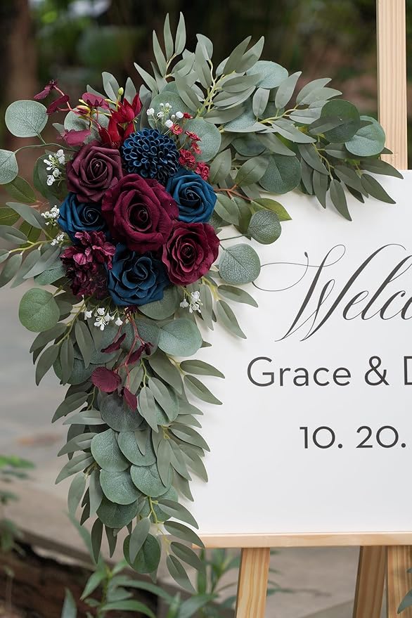 Olalaka Navy and Burgundy Flower for Wedding Welcome Signs Decorations, Artificial Burgundy Wedding Arch Flowers for Wedding Ceremony (Set of 2)