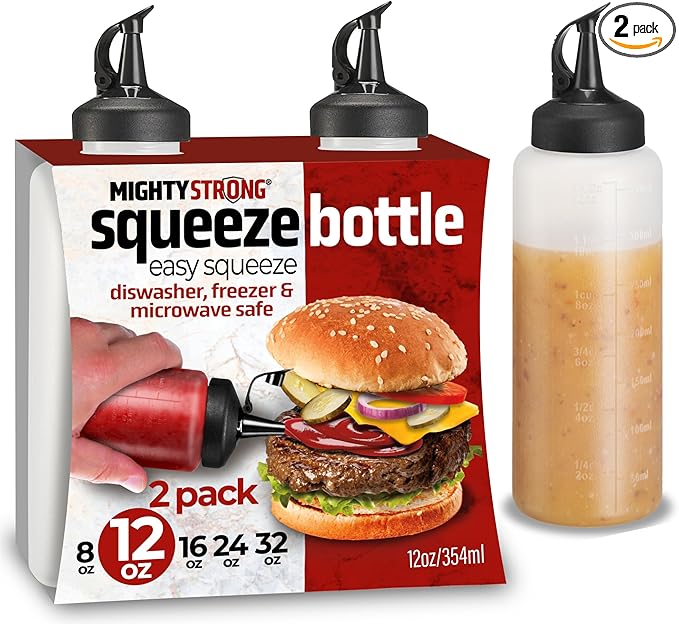 Condiment Squeeze Bottles for Sauces and Liquids – Plastic Refillable Squirt Bottles for Ketchup, Oils, and Condiments – Multipurpose Condiment Containers for Kitchen, BBQ & Cooking (12 Oz - 2 Pack)