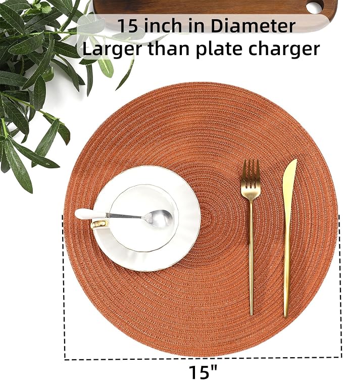 SHACOS Round Placemats Set of 6 Washable 15 inch Round Placemat Cotton Polyester Woven Braided Table Place Mats for Dining Table Decor, Dark Orange