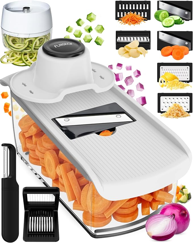 Fullstar Mandoline Slicer for Kitchen, Fruit Cutter, Cheese Grater, Cucumber Slicer, Veggie Spiralizer, Food Cutter & Kitchen Gadgets & Gifts with Safety Glove (11 in 1, White)