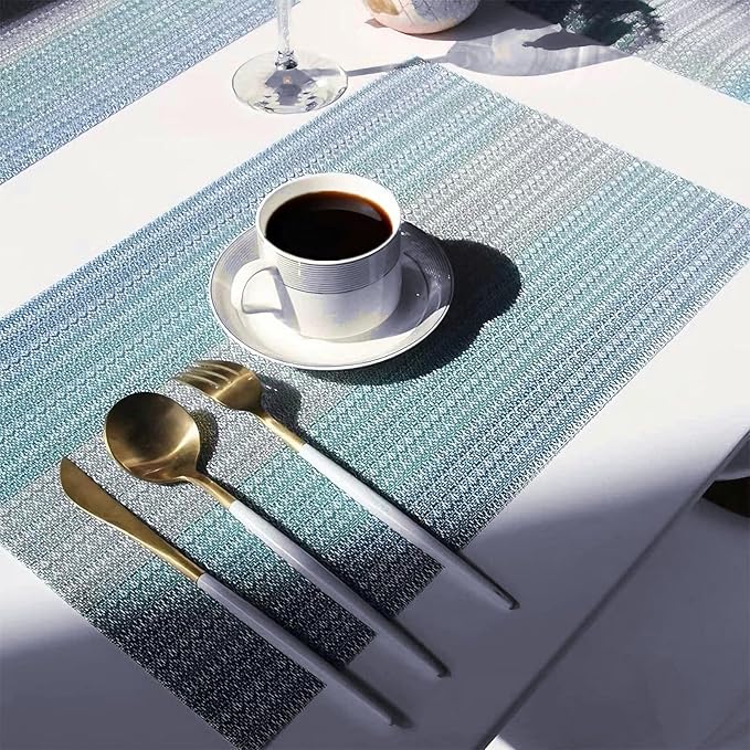 Placemats, Placemats for Dining Table Set of 4, Kitchen Table Mats Heat-Resistant Non-Slip Washable PVC Woven Vinyl Place Mats for Dining Room Table Decoration (Pack of 6, Gradient Blue)