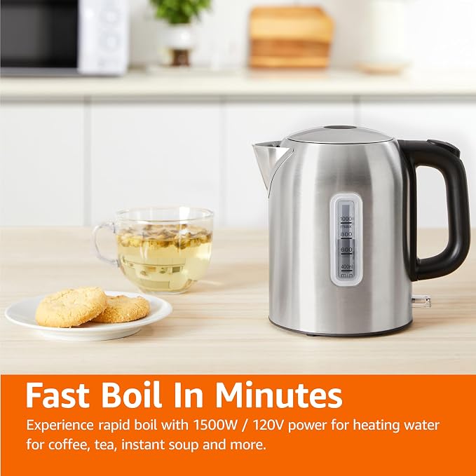 Amazon Basics Electric Kettle, Tea Kettle & Water Boiler with Auto Shut-Off, Boil Dry Protection, Strix Thermostat, BPA-Free, 1500W, 1.1Qt (1L), Stainless Steel, New Model, Black & Silver