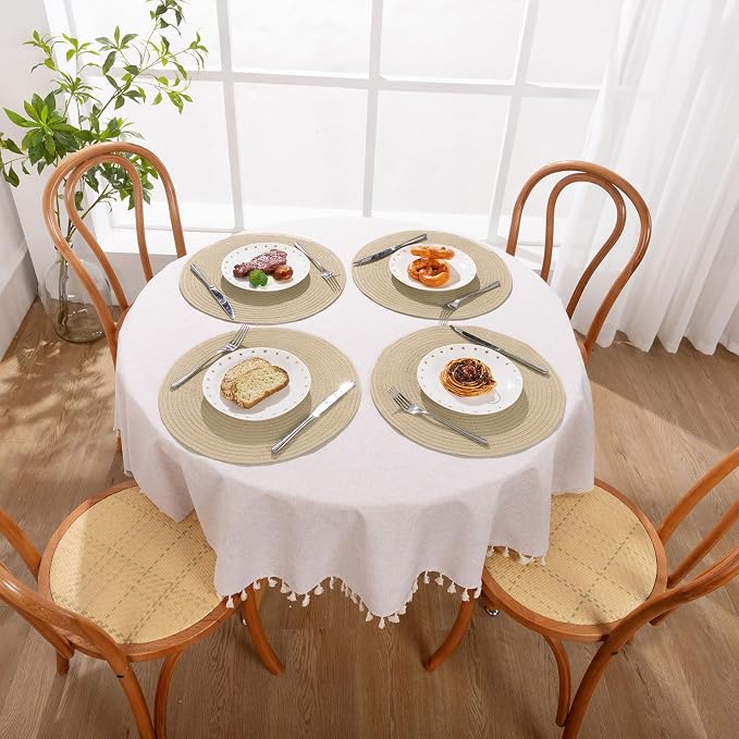 SHACOS 15 inch Round Braided Placemats Set of 4 Cotton Polyester Place Mats Washable Kitchen Dining Table Mats for Dinner Party Table Decor (Light Beige, 4)