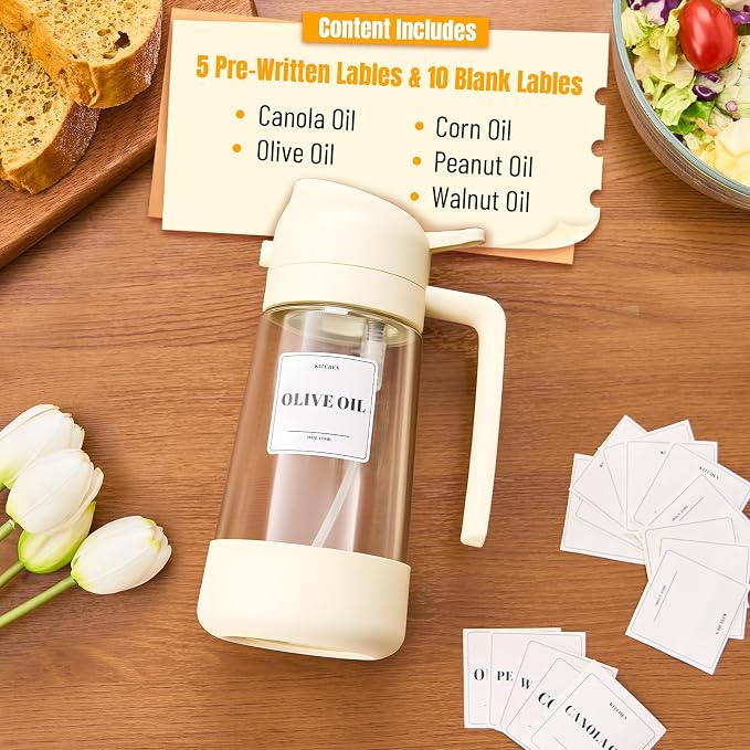 PARACITY Oil Dipenser Bottle with Silicone Bottom, 2 in 1 Olive Oil Sprayer and Dispenser, Oil Spray Bottle 500ML/ 17OZ for Cooking, Kitchen, BBQ, Air Fryer, Salad, Baking(1PC White)