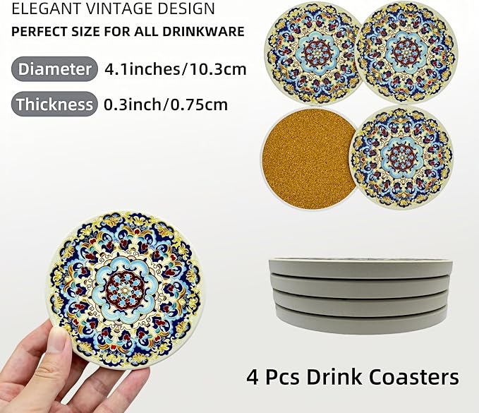 Ceramic Coasters Set of 4 with Cork Base, Absorbent Drink Coaster for Home Decors, Non-Slip Decorative Coasters for Coffee, Wine, Tea Cups, 4 Inch Round Blue Vintage Pattern