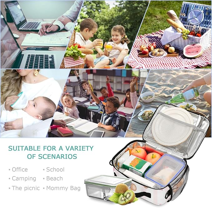Kcldeci Teddy Bear with Pink Ribbon Bow Kids Lunch box Insulated Cooler Lunch Bag Back to School Thermal Meal Tote Kit for Girls, Boys,