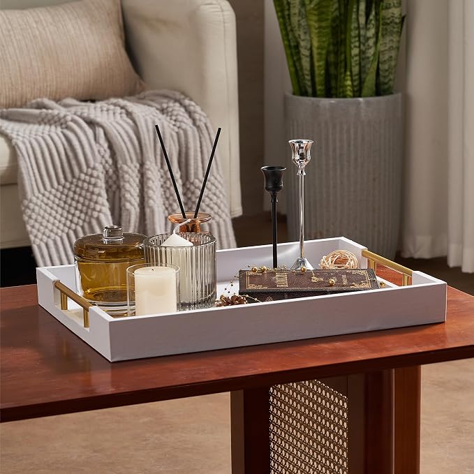 Serving Tray for Ottoman - 17"x12" Large Wood and Faux Leather Decorative Tray for Coffee Table Platter, Living Room Decor, Bathroom - Rectangle Tray with Gold Polished Metal Handles