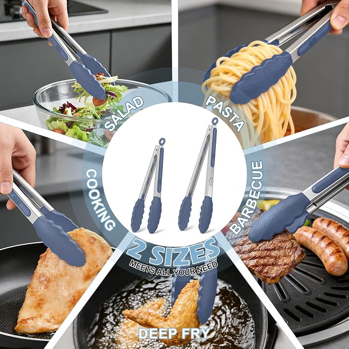 TACGEA Stainless Steel Kitchen Tongs with Silicone Tips, Locking Grilling Food Tongs, 9" and 12", Set of 2 Blue