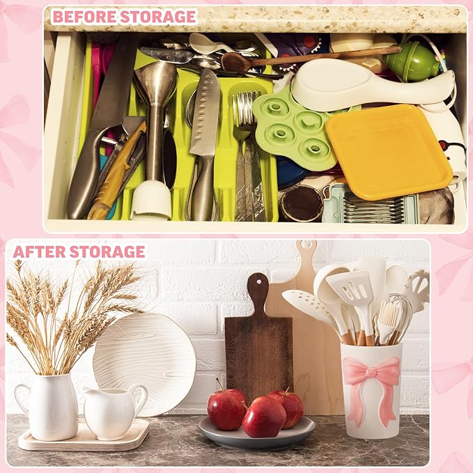 LemonRoad Pink Bow Ceramic Utensil Holder 3D Coquette Handmade Pink Kitchen Decor Gifts Cooking Utensil Crock Preppy Caddy Pen Holder Vase Graduation Gift for College Students