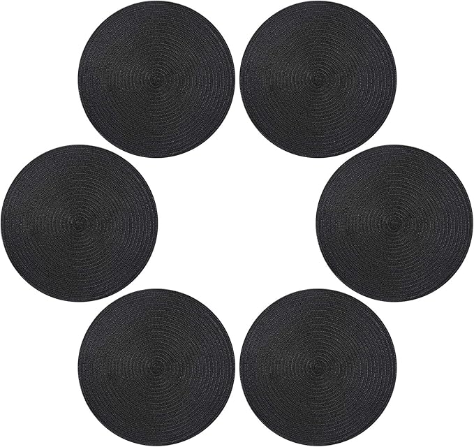 Topotdor 14 Inch Round Placemats Heat-Resistant Stain Resistant Anti-Skid Washable Polyproplene Table Mats Placemats (Black, Set of 6)