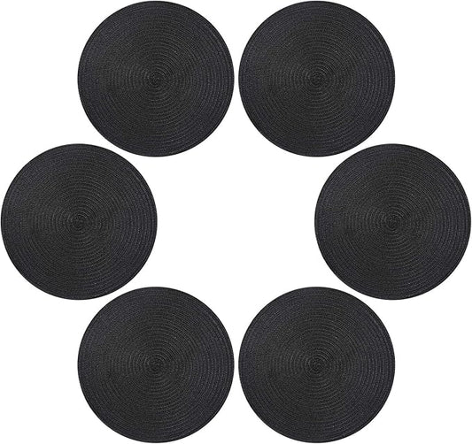Topotdor 14 Inch Round Placemats Heat-Resistant Stain Resistant Anti-Skid Washable Polyproplene Table Mats Placemats (Black, Set of 6)