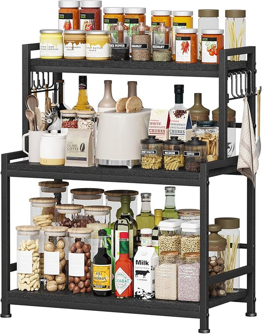23.6"W Large Kitchen Countertop Organizer, 3 Tier Spice Rack Organizer with Adjustable Shelf and 10 Hooks, Wooden Counter Organizer, Countertop Shelf Microwave Stand for Kitchen, Coffee Bar, Black