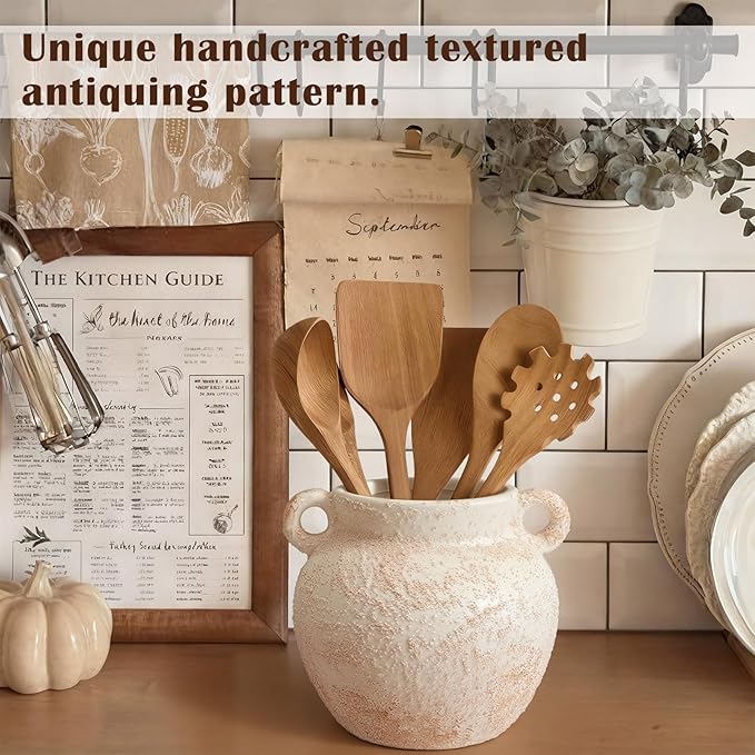 Qinyoung Rustic Kitchen Utensil Holder 6 Inch Small Ceramic Utensil Holder with Handle Vintage Crock Decoration Spatula Organizer for Kitchen Countertop Farmhouse Party Supplies (White,Elegant)