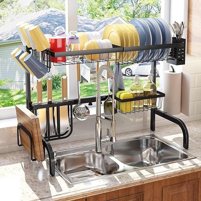 SAYZH Over the Sink Dish Drying Rack, Adjustable (25.5 to 33.5 inch) 2 Tier Metal Steel Dish Drying Racks for Kitchen Counter with Hooks Paper Towel Utensil Cup Holder Sink Caddy (Black)