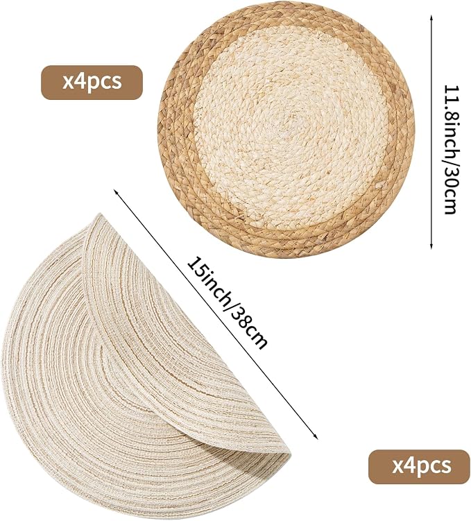 Handmade Round Boho Placemats Set of 4 | Natural Woven & Polyester Braided Combo Table Mats | 8-Piece Versatile Place Mats | Simple Rustic Farmhouse Style Dining Table Decor, Ivory