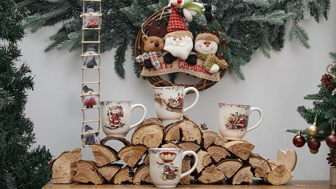 Bico Santa on the Way Ceramic Mug Set of 4, Christmas Coffee Mugs, 16oz Holiday Cups for Tea, Cocoa, or Hot Drinks, Microwave & Dishwasher Safe