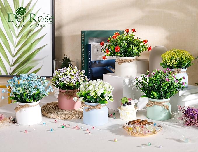 Der Rose 6 Pack Fake Flowers Artificial Plants Indoor for Home Kitchen Office Dining Centerpiece Table Decorations