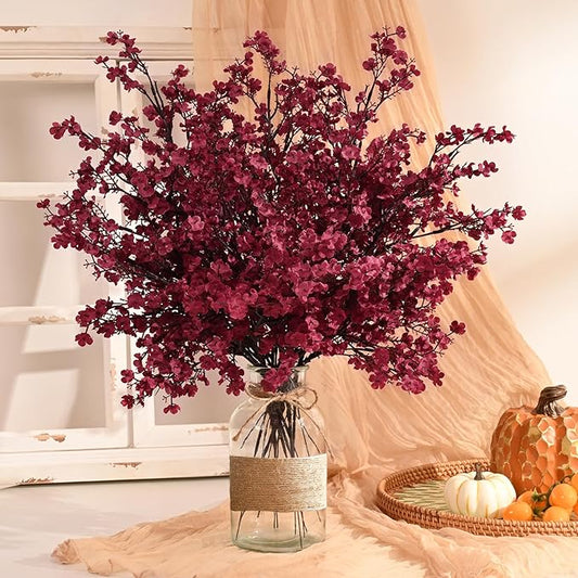 Waipfaru 15Pcs Fake Flowers Babys Breath Silk Artificial Flowers Gypsophila Bouquets Bulk Real Touch Fall Stems for Fall Thanksgiving Autumn DIY Floral Arrangement Table Centerpieces, Wine Red