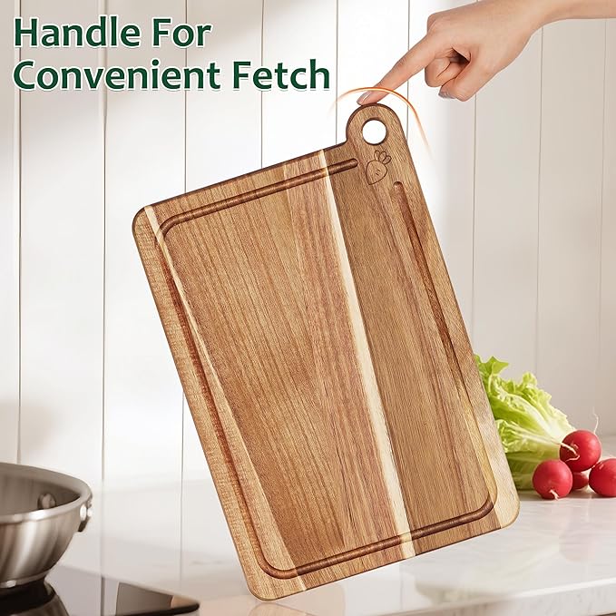3 Pack Cutting Board Set, Acacia Wood Cutting Boards for Kitchen, Chopping Board with Deep Juice Grooves & Built-in Handle, Charcuterie & Chopping for Meat, Vegetables and Cheese