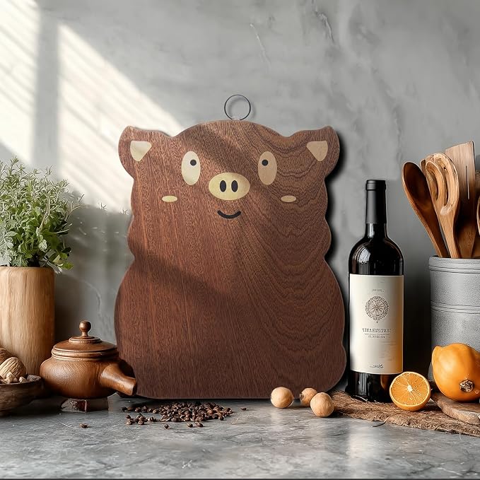 Animal Shaped Cutting Board, Decorative Hardwood Chopping Block for Kitchen Wall Hanging, Wooden (Piggy, 13"L x 10"W)
