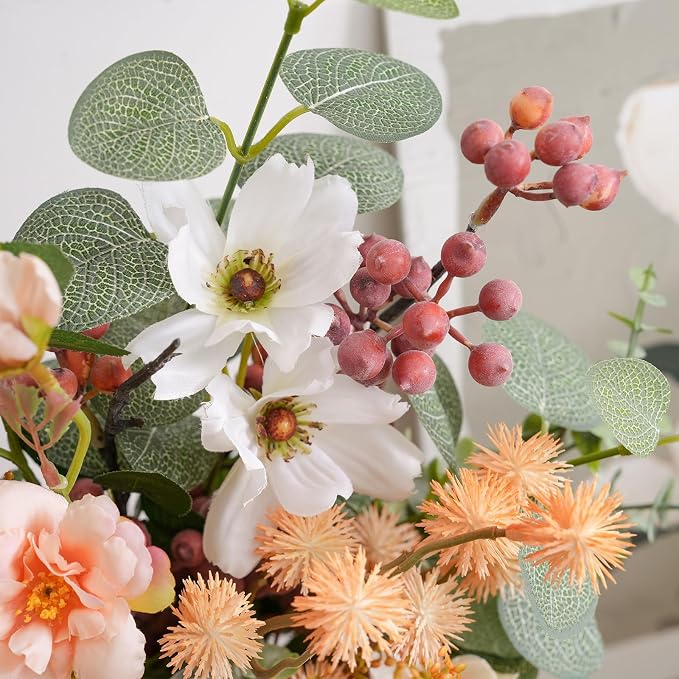17-inch Artificial Fake Faux Flowers Silk Flower Arrangements Bouquets with Red Berries, Cosmos, Snow Cherry, Chinese Rose, Dandelions, Baby's Breaths, Eucalyptus, Peony, Roses