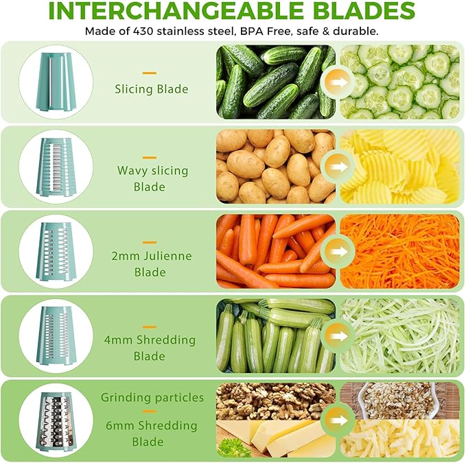 The CoveCarol rotary cheese grater comes with 5 blades and 3 tools: a round mandolin slicer and a food shredder. Suitable for fruits, vegetables, nuts, etc., it includes a blade storage box. (Green)