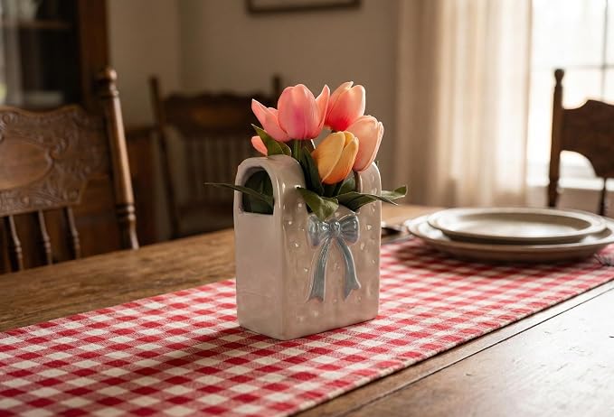 Spring Decor, Artificial Tulips in Ceramic Vase Spring Easter Table Centerpiece for Home Indoor Table Shelf Mantel Living Room Bathroom Bedroom Dining Coffee Bar Kitchen Decoration