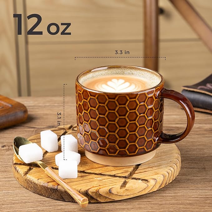 GBhome 12 OZ Stackable Coffee Mugs, Ceramic Coffee Cups with Texture Patterns for Man,Woman,Dad,Mom, Modern Mugs Set of 4 for Latte/Cappuccino/Cocoa. Dishwasher&Microwave Safe