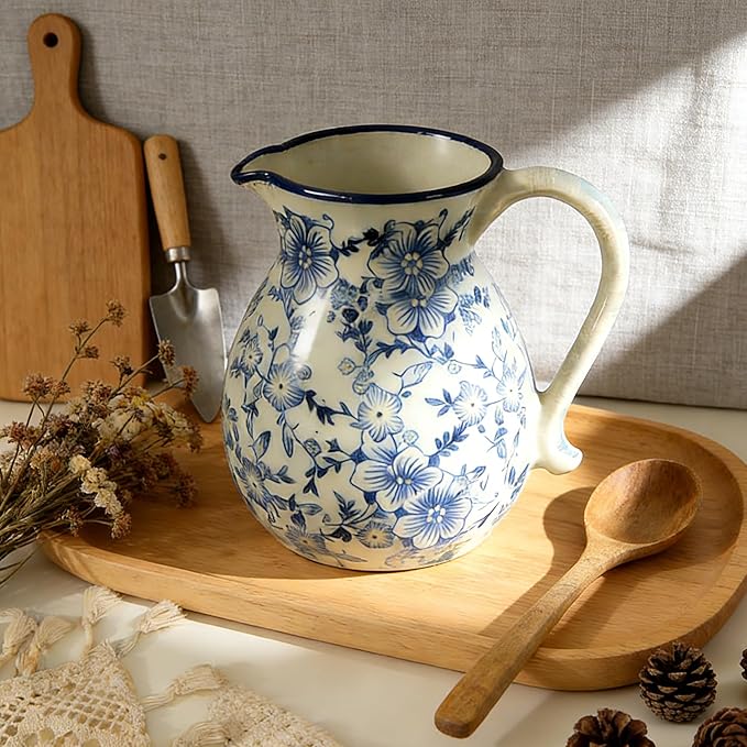 Ceramic Utensil Holder for Kitchen Counter, 6.1 Inch Modern Farmhouse Rustic Cooking Utensil Holder for Countertop Home Decor, Vintage Utensil Organizer Crock for Cooking & Spoon Tools (Blue & White)
