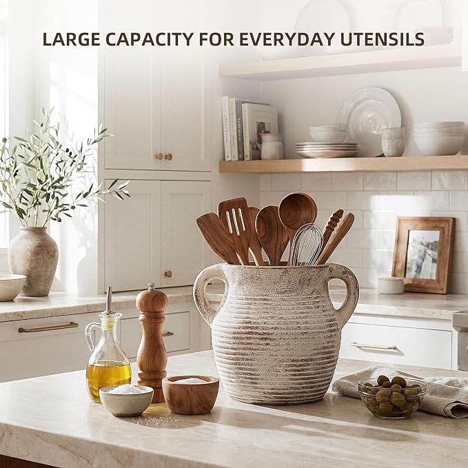 Rustic Utensil Holder for Kitchen Counter - Large Ceramic Farmhouse Cooking Utensil Crock & Organizer for Spatula, Spoon - Vintage Kitchen Decor (Taupe)