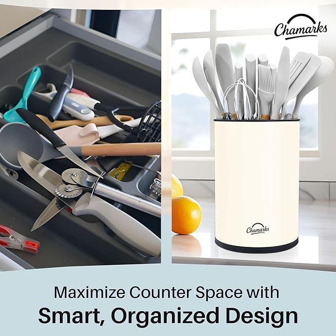 3-in-1 Kitchen Utensil Holder for Countertop with Knife Block and Silverware Caddy. (Cream)