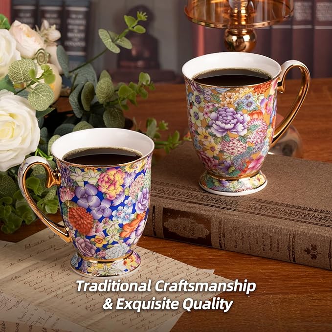 KAMMAK Ceramic Teacups - 350ml/11.8oz Coffee Cup - Set of 2 Hand-Painted Ceramic Cups - Small Vintage Mate Cup - Cute Mugs for Women - Ideal for Birthday, Afternoon Tea & Housewarming Gifts
