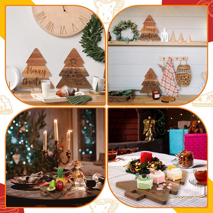 Umigy 2 Pcs Christmas Cutting Board Christmas Tree Charcuterie Boards Kitchen Wooden Santa Claus Acacia Cute Cutting Board with Handle for Housewarming Wedding Xmas Party Supplies
