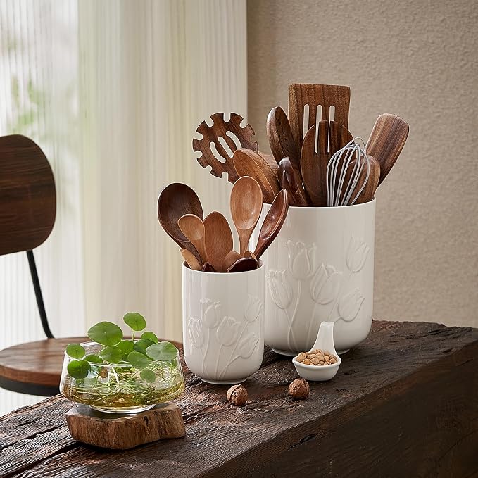 Tulips White Ceramic Utensil Holder Set, Large Kitchen Utensil Crocks – Modern Countertop Organizer for Cooking Utensils, Spatula, Spoons | Practical Kitchen Counter Decor